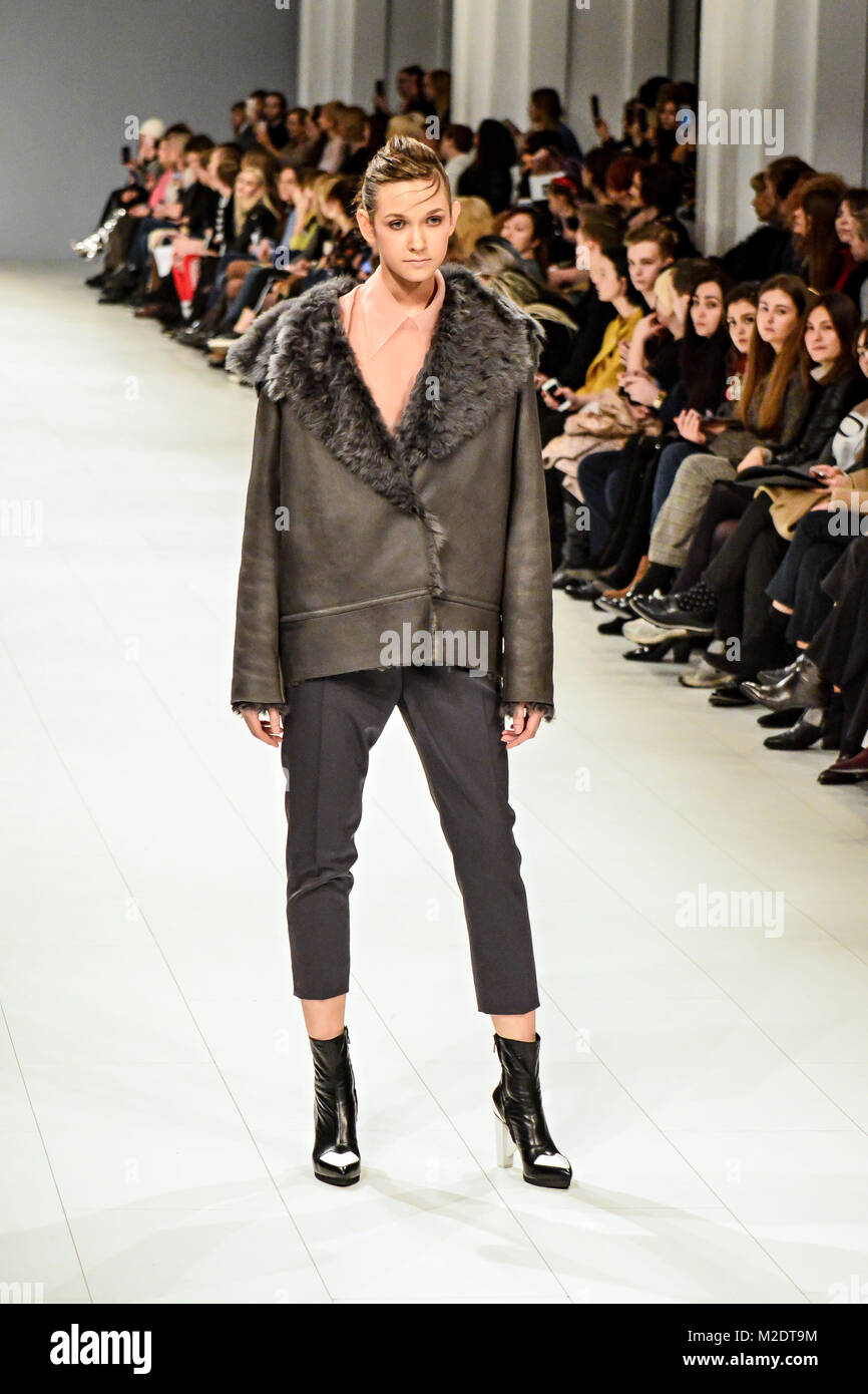 Kiev, Ukraine. 03rd Feb, 2018. Model presents a creation by designer Elena Burenina during Fashion Show as part of Ukrainian Fashion Week FW18-19. Credit: Alexandr Gusev/Pacific Press/Alamy Live News Stock Photo