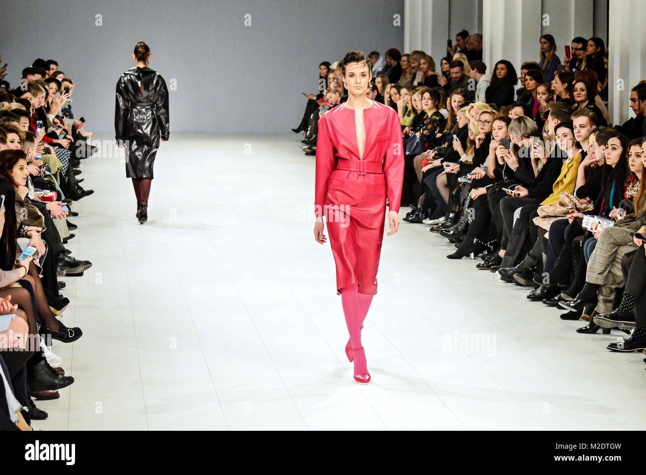 Kiev, Ukraine. 03rd Feb, 2018. Model presents a creation by designer Elena Burenina during Fashion Show as part of Ukrainian Fashion Week FW18-19. Credit: Alexandr Gusev/Pacific Press/Alamy Live News Stock Photo