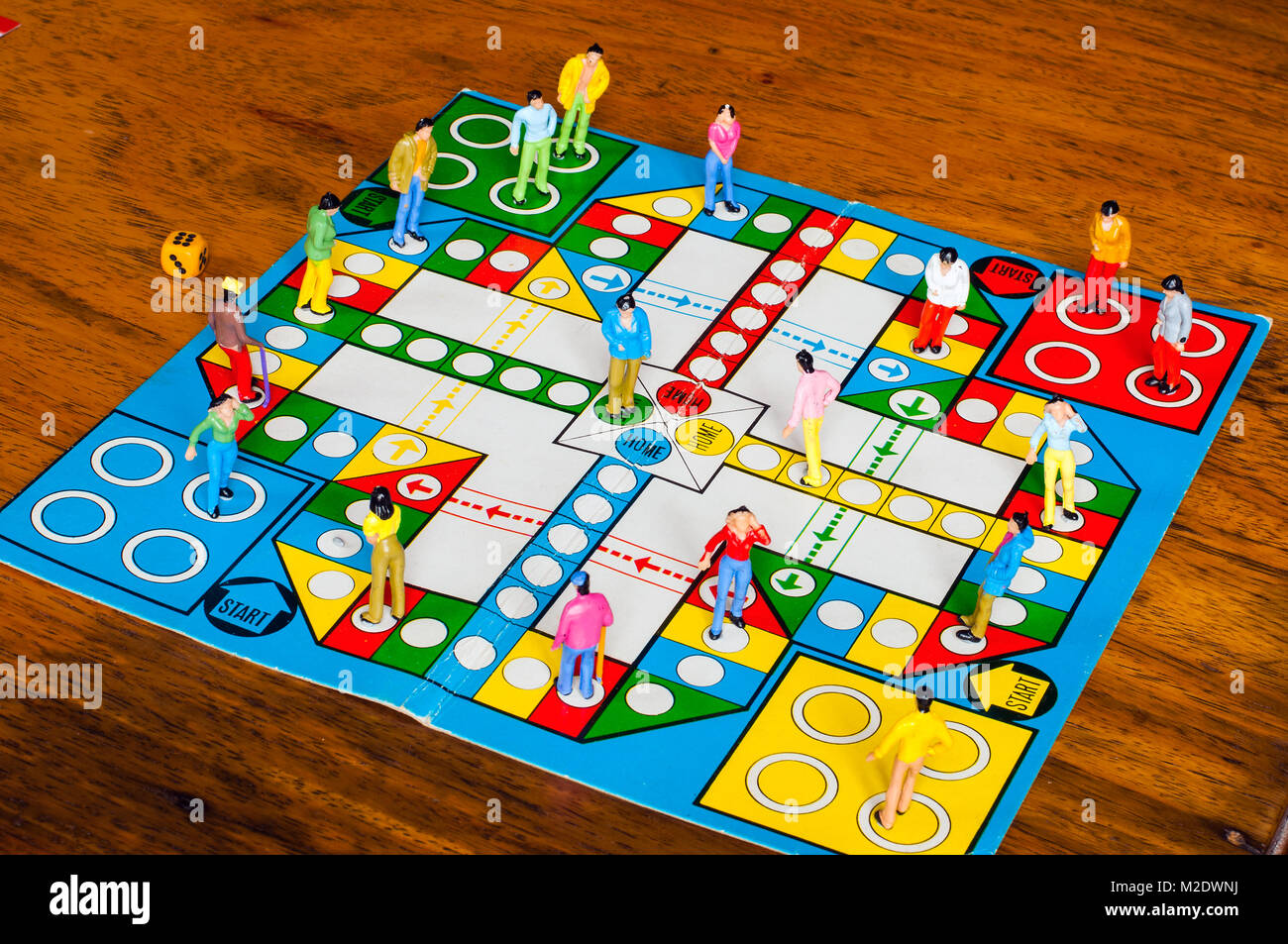 Retro ludo board with miniature human figures from China in studio setting, Melbourne, Australia Stock Photo