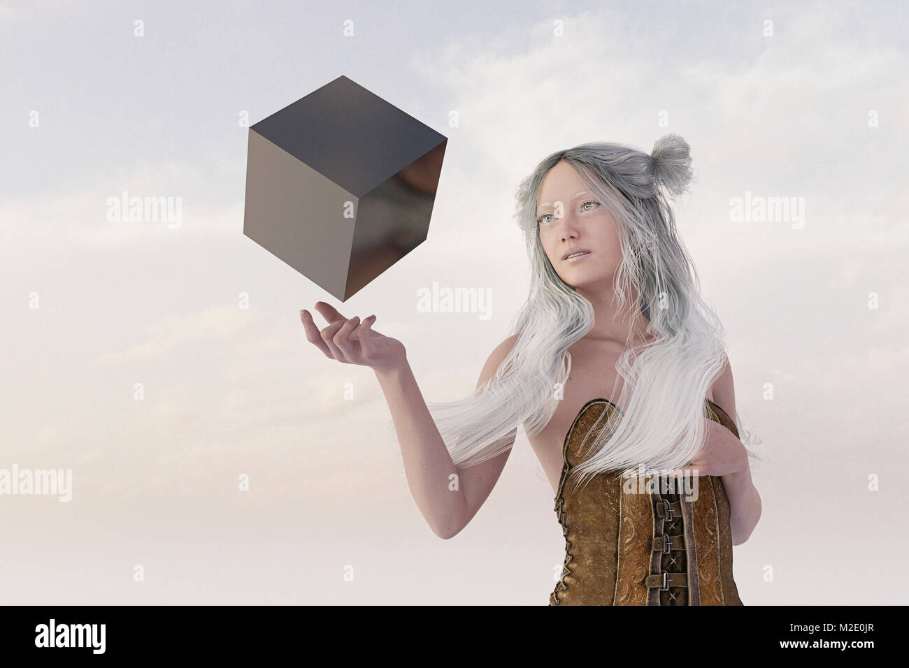 Woman watching floating cube Stock Photo