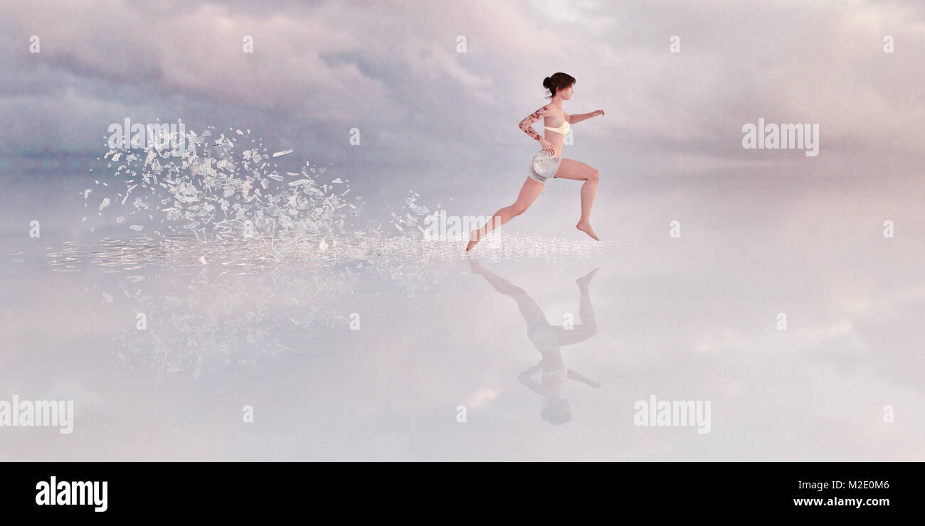 Shards breaking from floor behind running woman Stock Photo