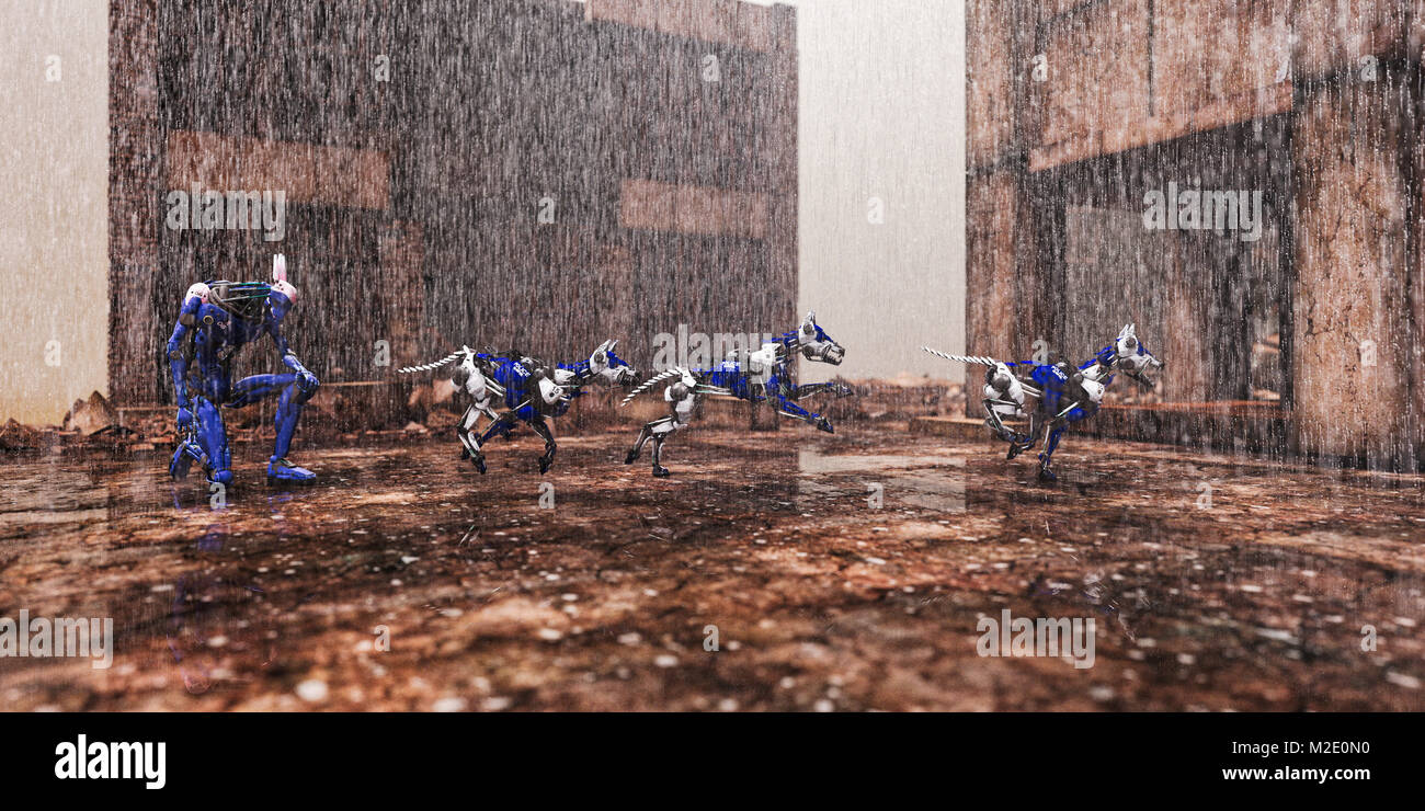 Robot dogs running in rain Stock Photo