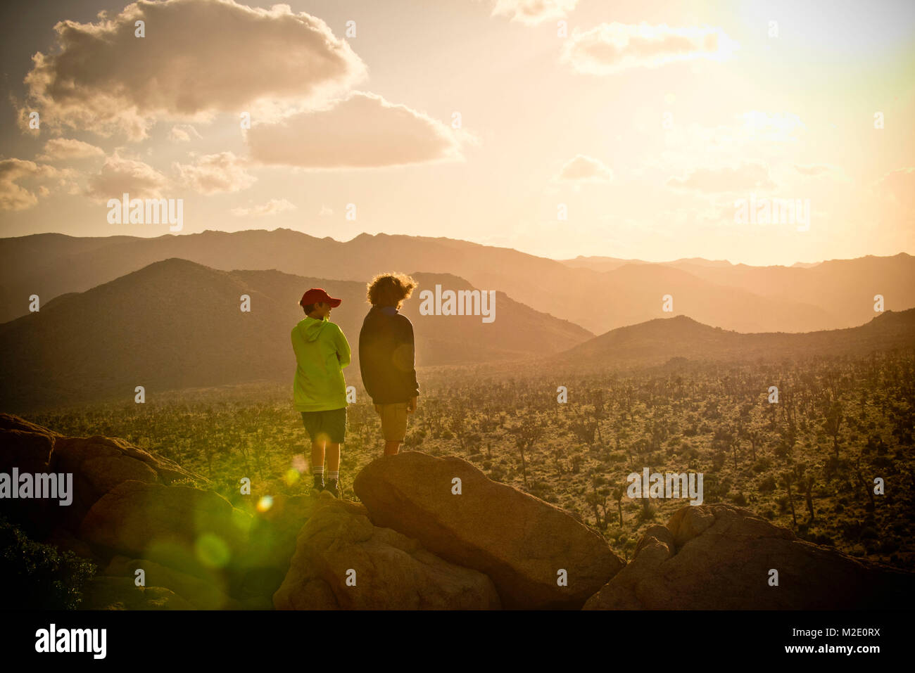 Boys standing on rock admiring desert landscape Stock Photo