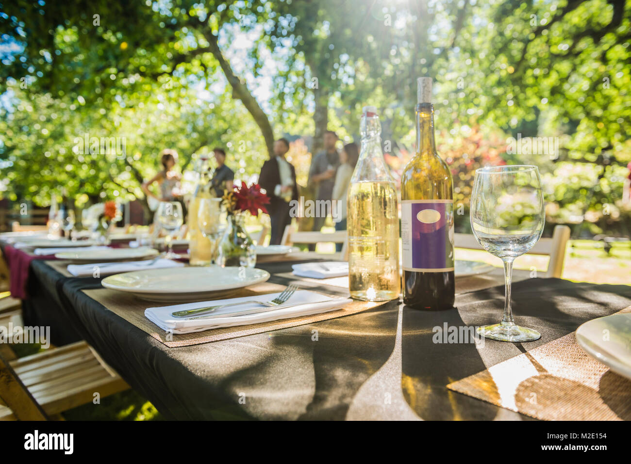Wine bottles on table at party outdoors Stock Photo