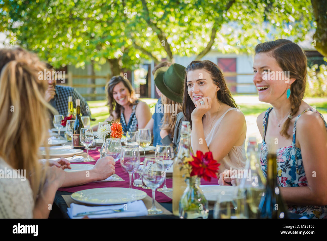 Caucasian women talking at table at party outdoors Stock Photo