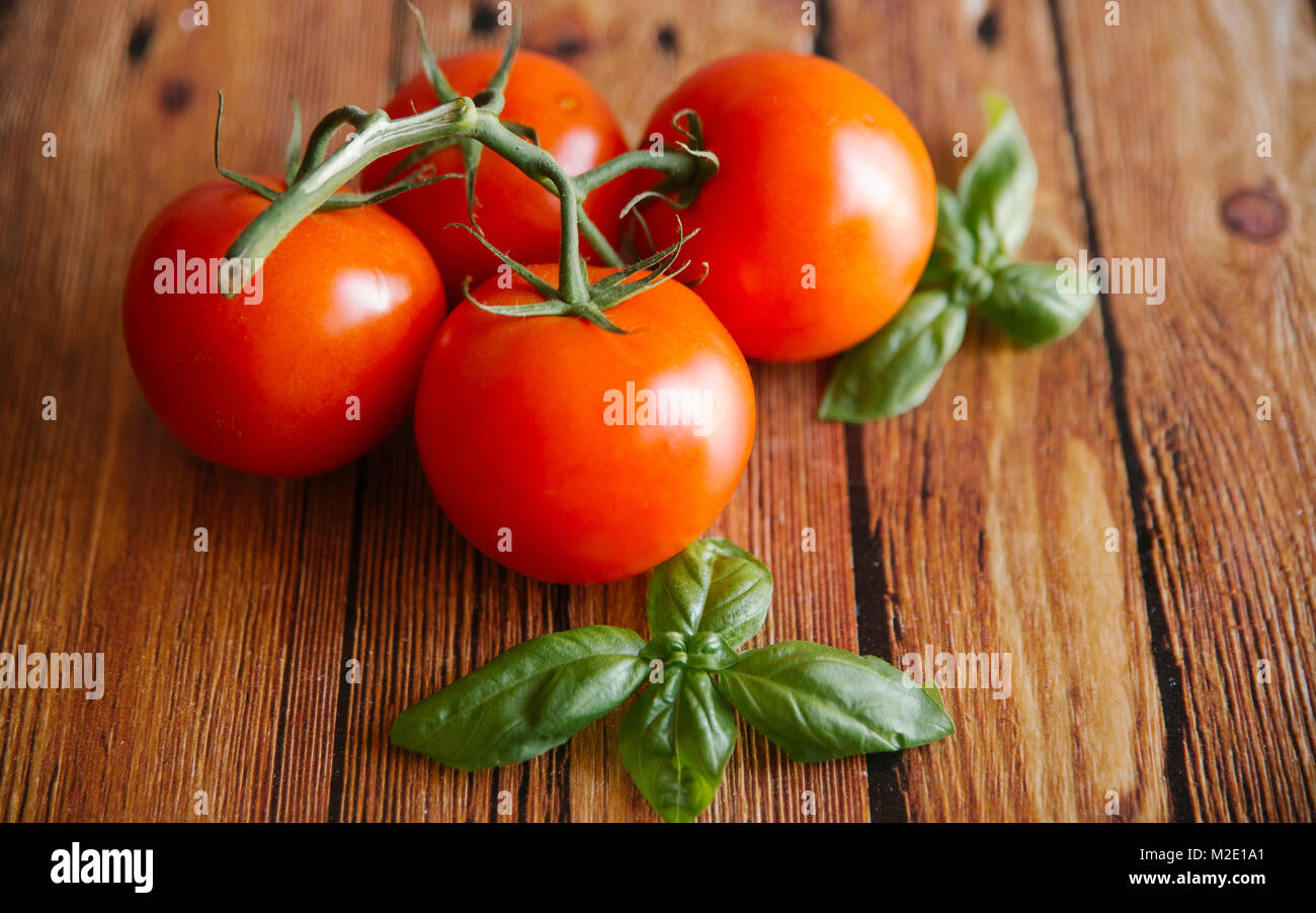Tomatoes on vine with basil leaf Stock Photo