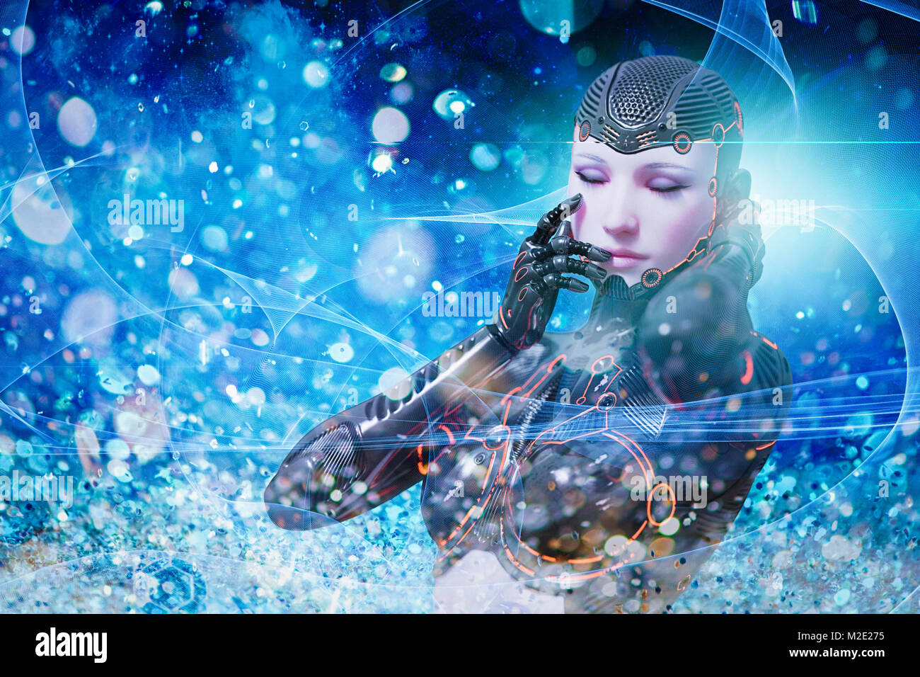 Robot woman dreaming in blue cyberspace Stock Photo