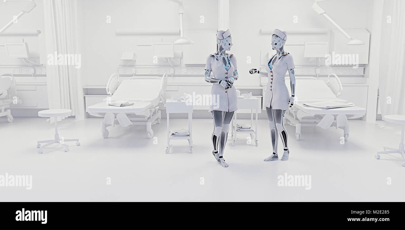 Robot nurses talking in hospital Stock Photo