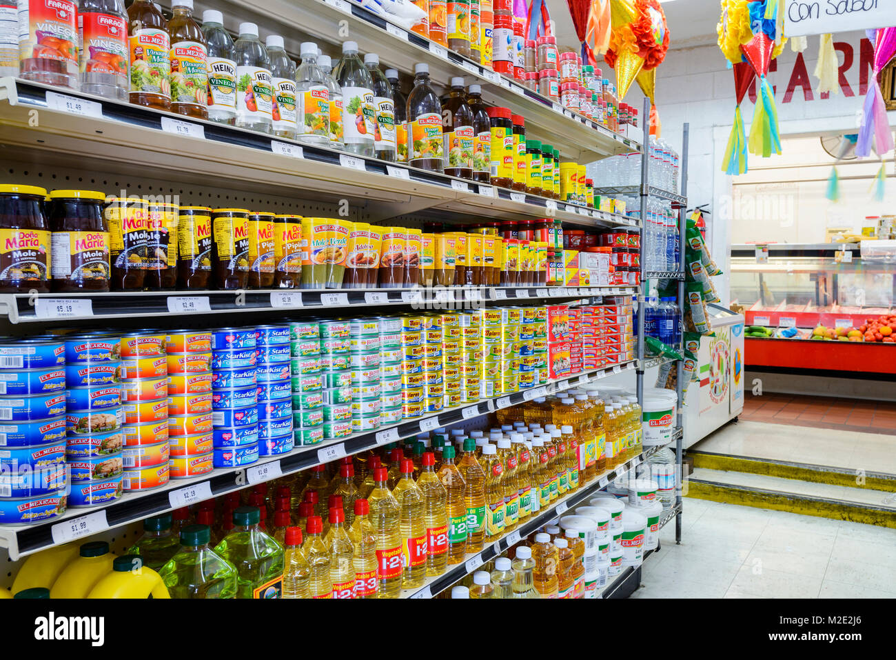 Food on shelves of grocery store Stock Photo