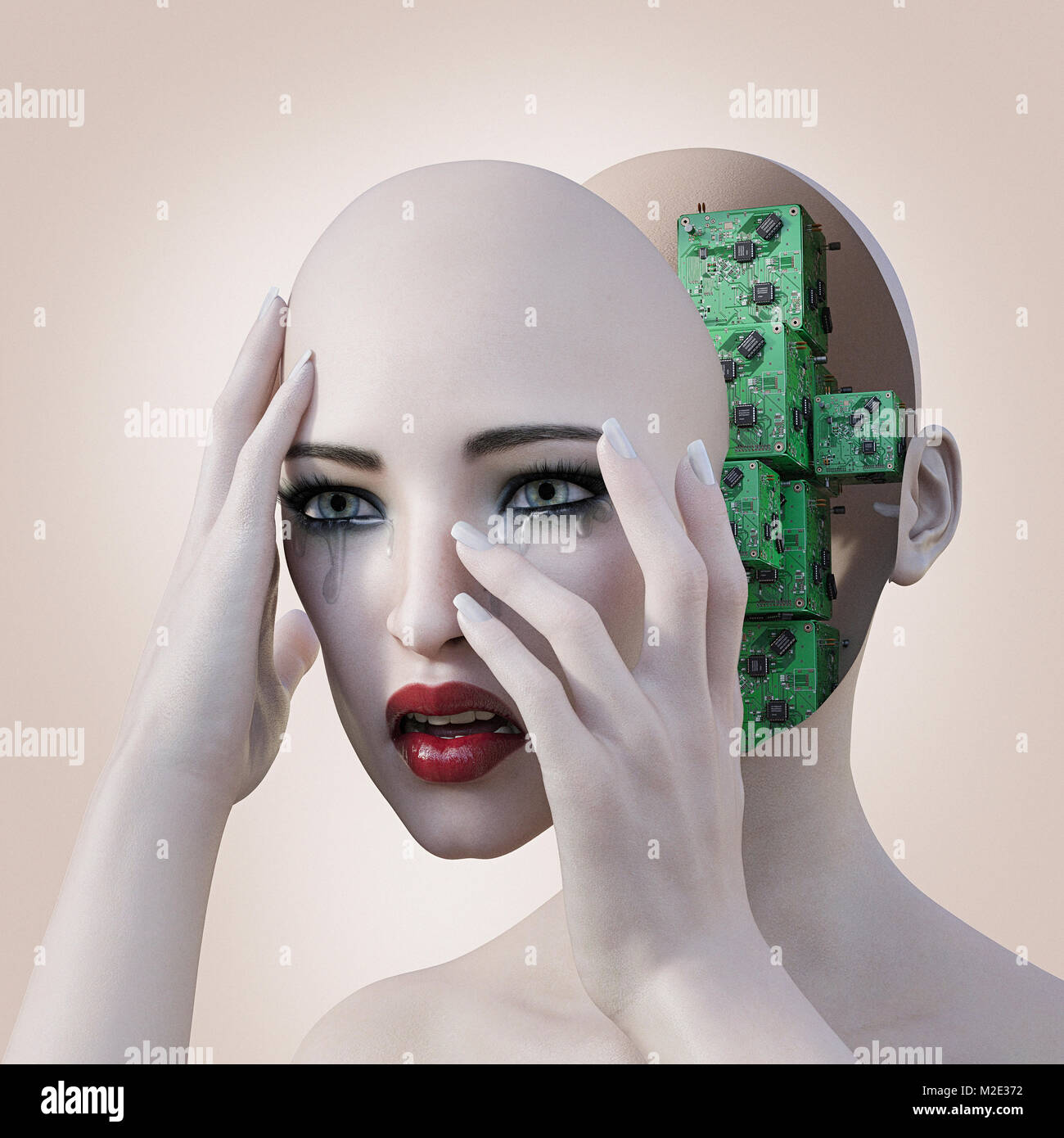 Robot woman holding removable face mask revealing circuits Stock Photo