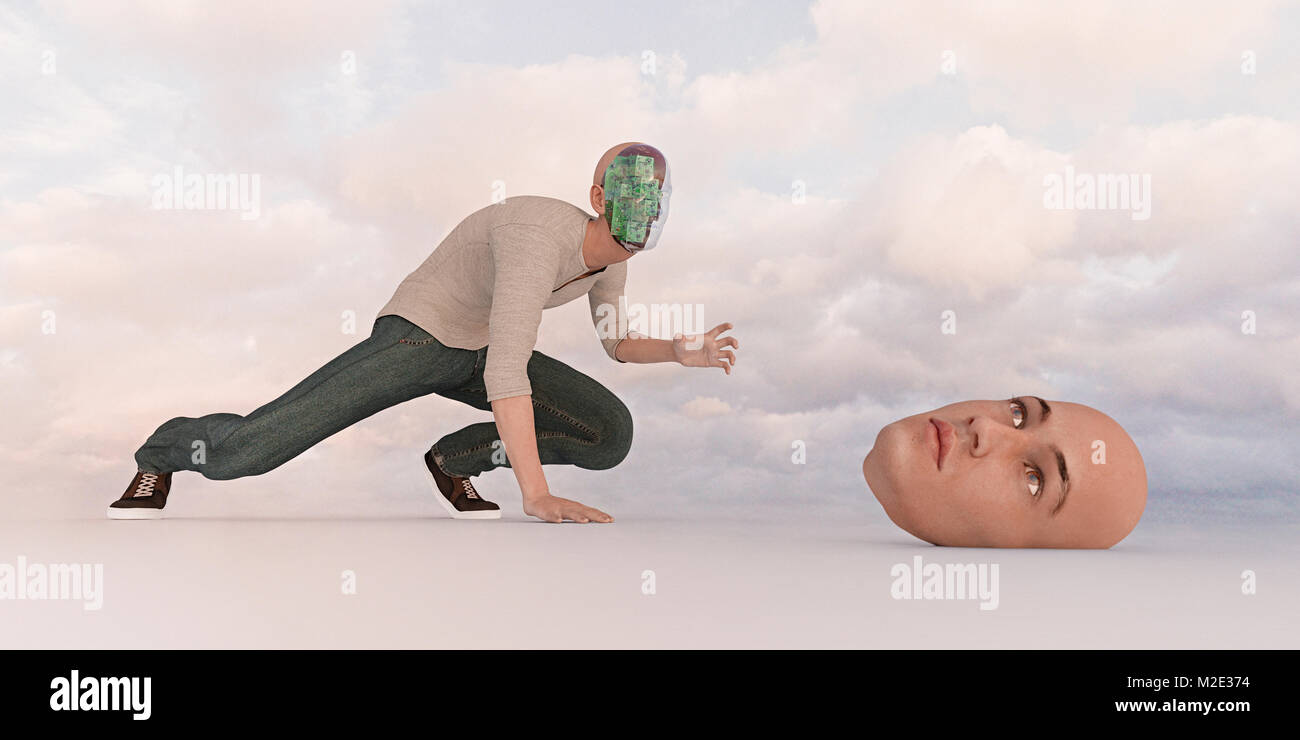 Robot man searching for removable face mask Stock Photo