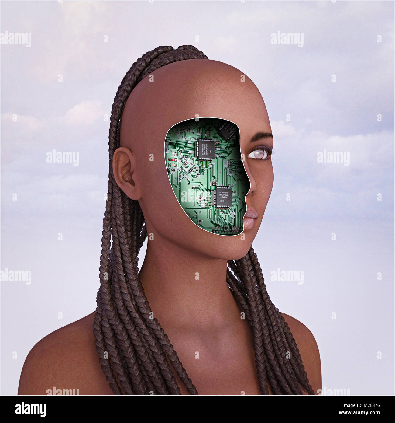 Circuits in face of robot woman Stock Photo