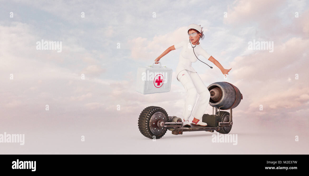 Nurse riding futuristic skateboard Stock Photo