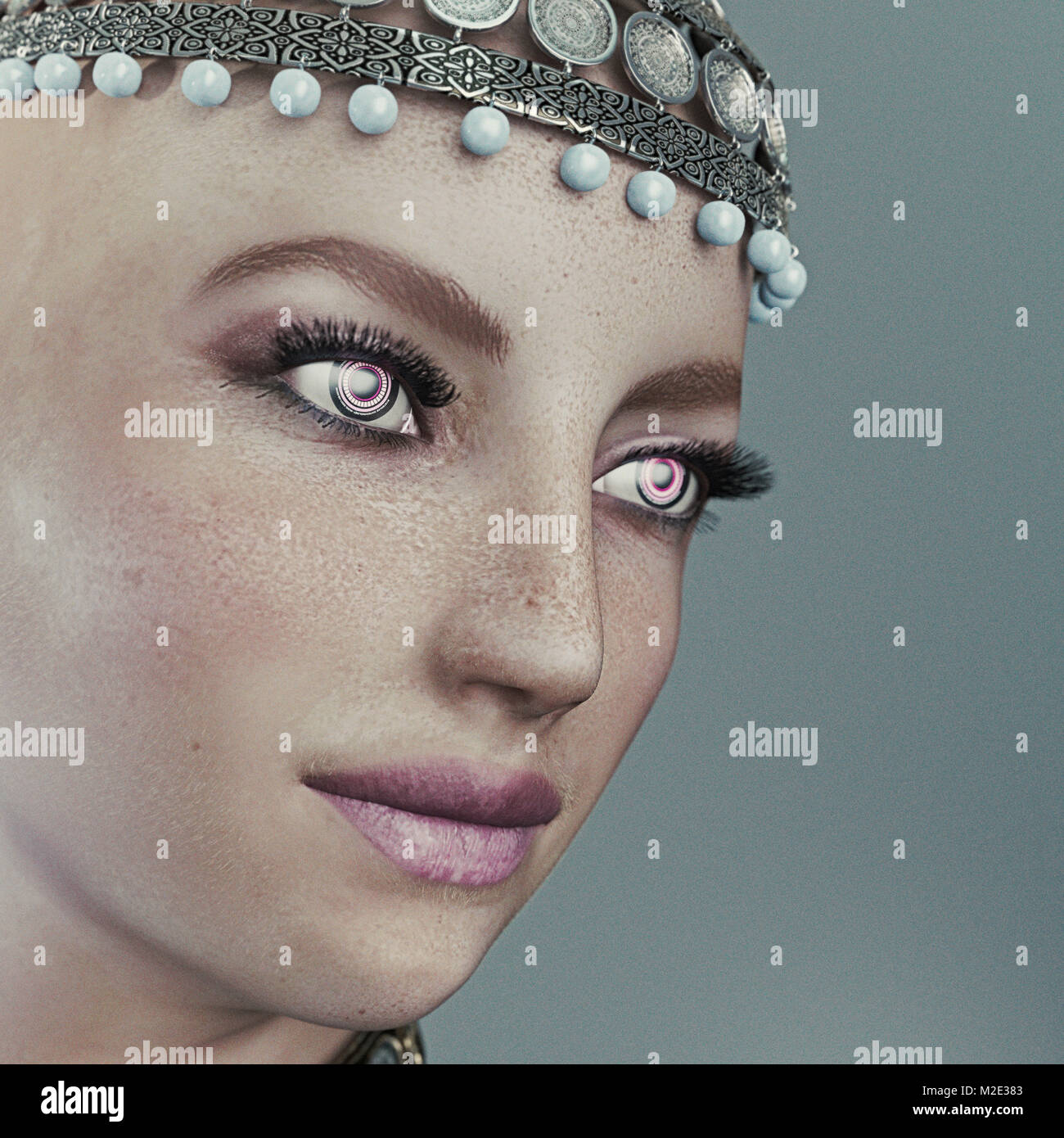 Face of futuristic woman wearing ornate headpiece Stock Photo