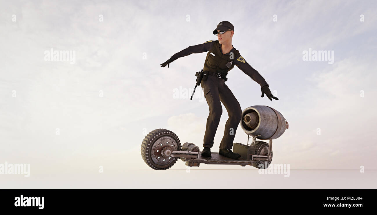 Police officer riding futuristic skateboard Stock Photo
