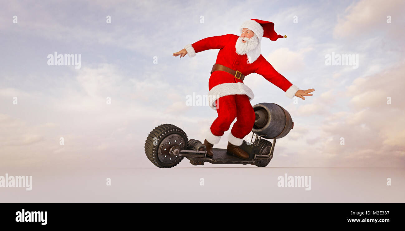 Santa riding futuristic skateboard Stock Photo