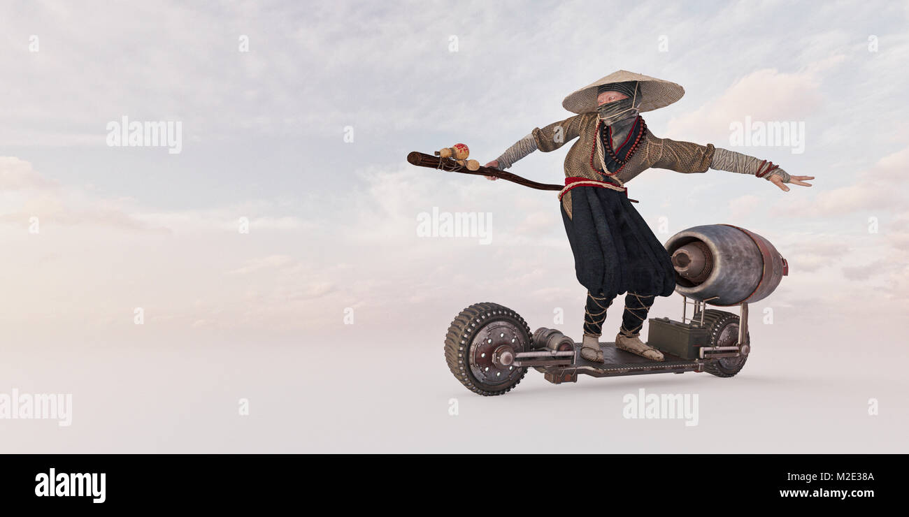 Traditional farmer riding futuristic skateboard Stock Photo