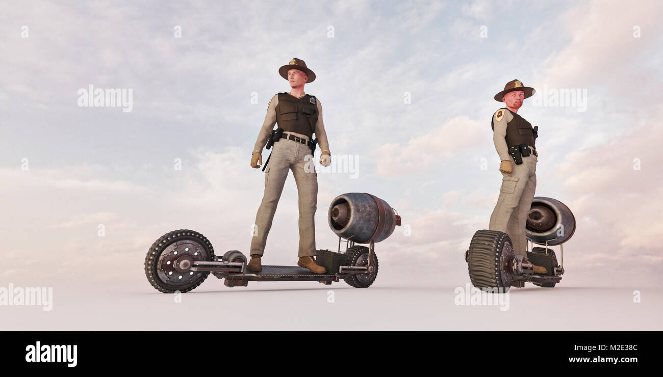 Police officers riding futuristic skateboards Stock Photo