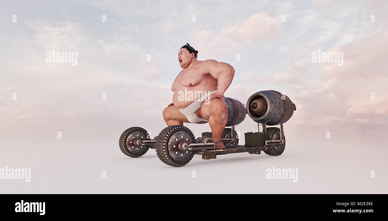 Sumo wrestler riding futuristic skateboard Stock Photo