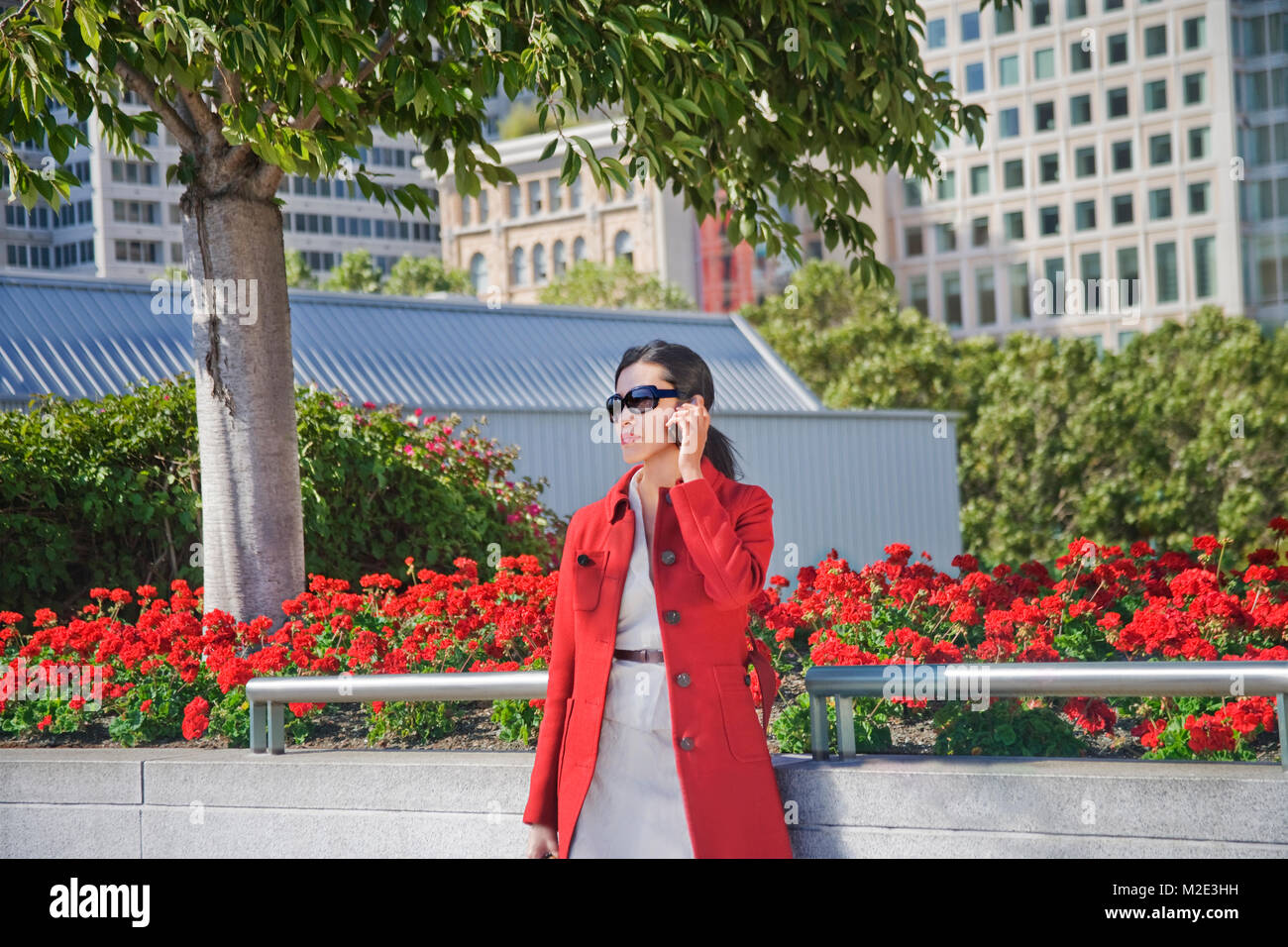Asian businesswoman talking on cell phone outdoors Stock Photo