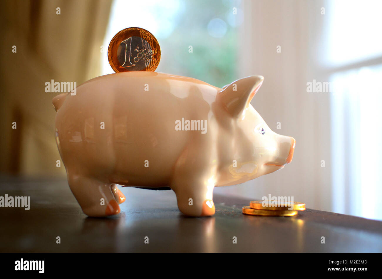 Coin in slot of piggy bank Stock Photo