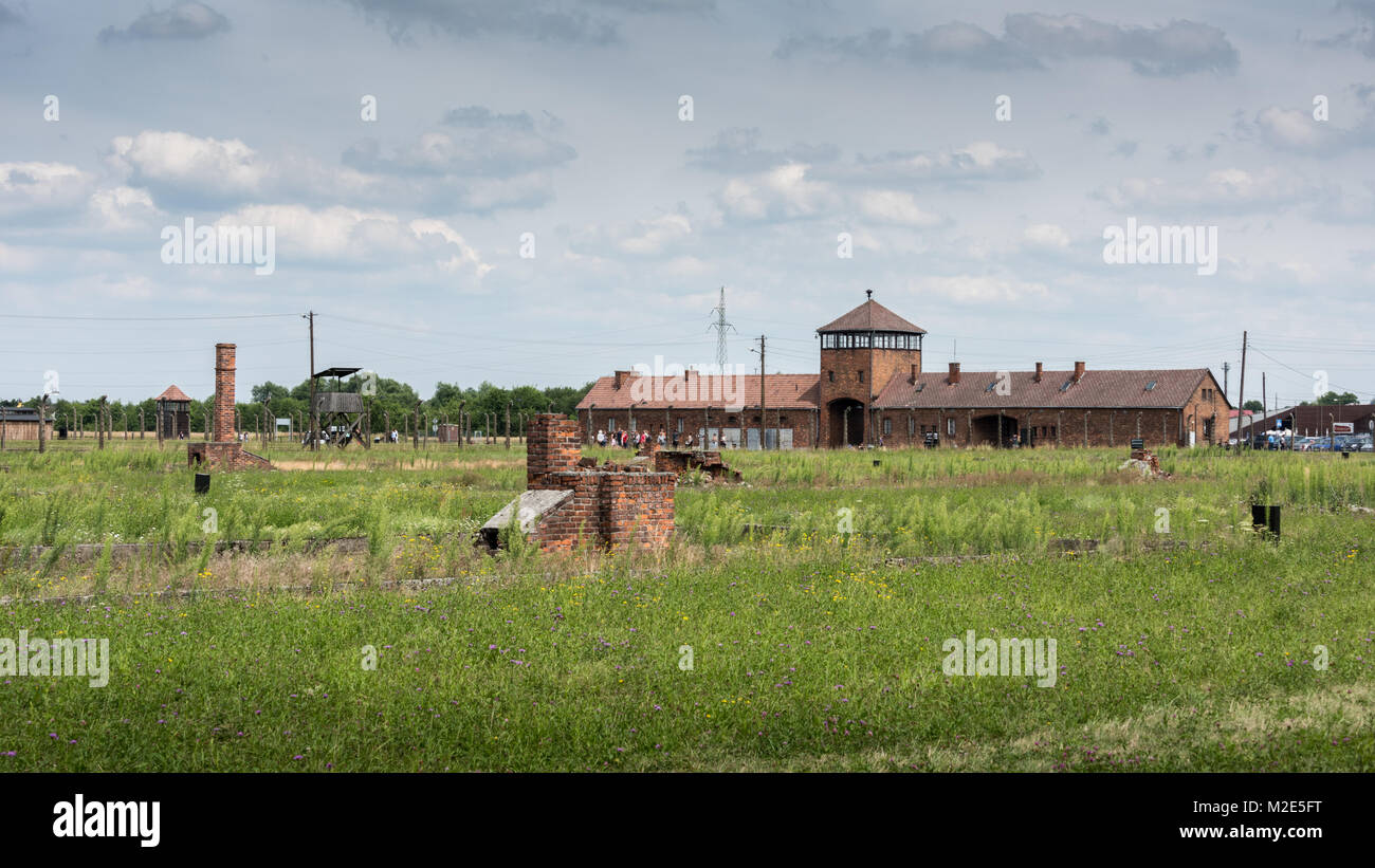 Entrance Building and Barrack Remains, Birkenau Concentration Camp, Poland Stock Photo