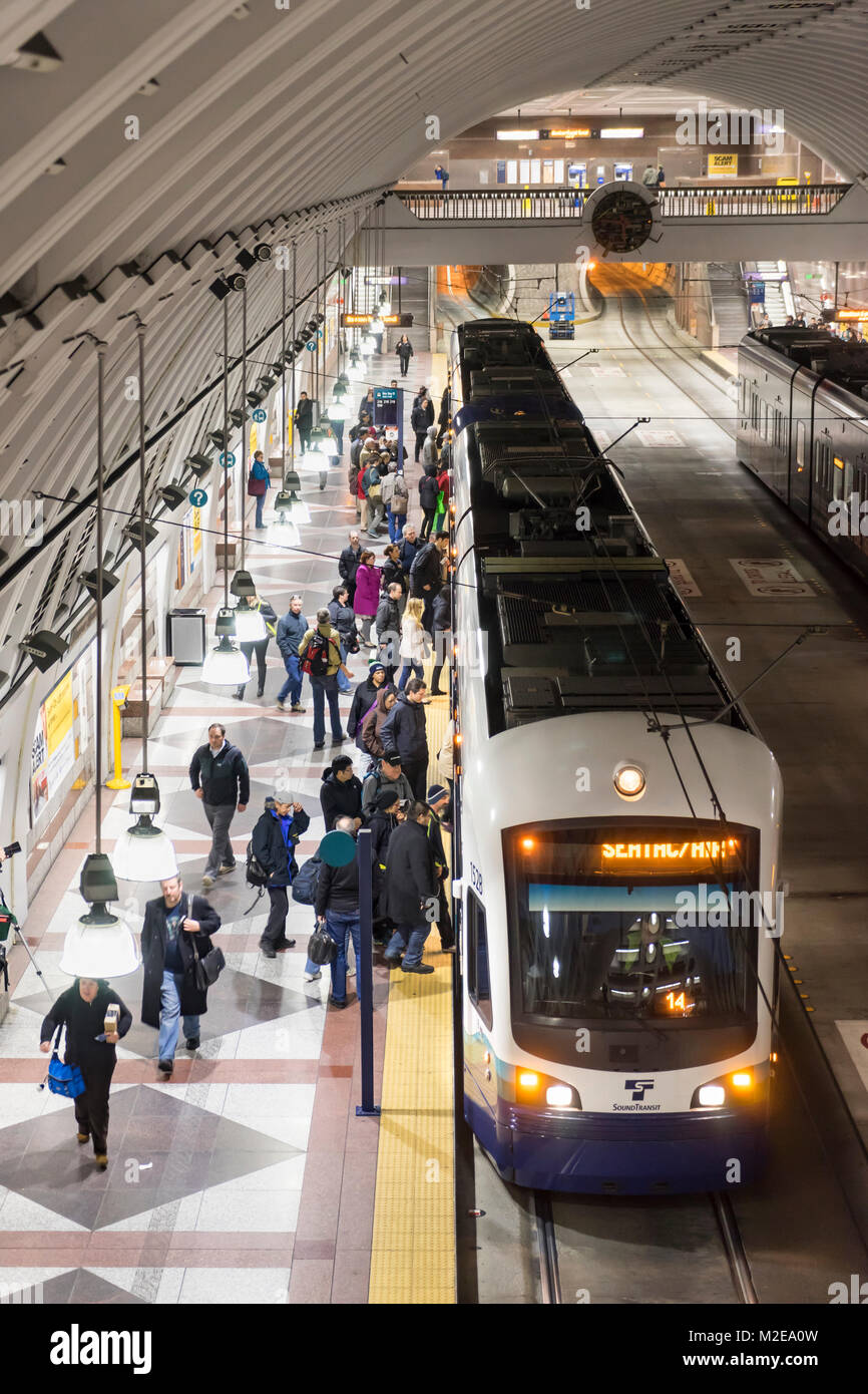 Link Light Rail train in Pioneer Square Station, Seattle, Washington Stock Photo