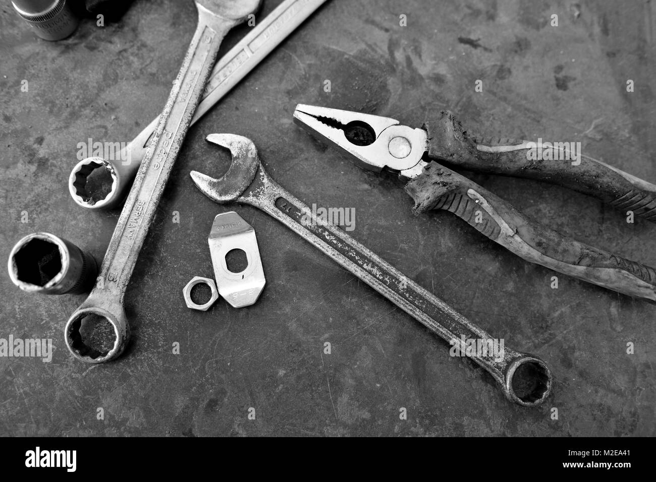 monochrome photo of shining stainless steel machine tools Stock Photo