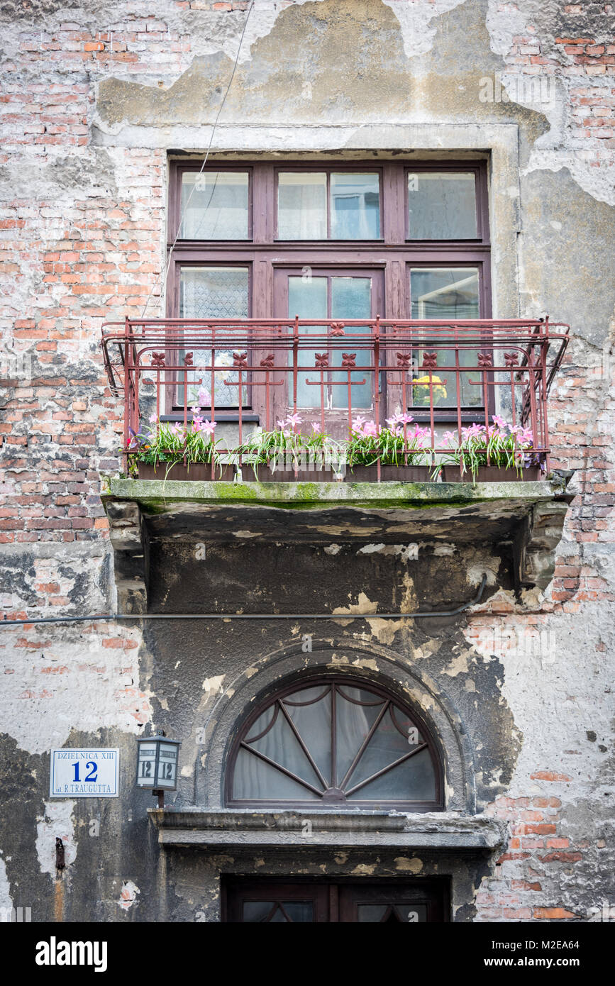 Neglected Window and Balcony, Jewish District, Krakow, Poland Stock Photo