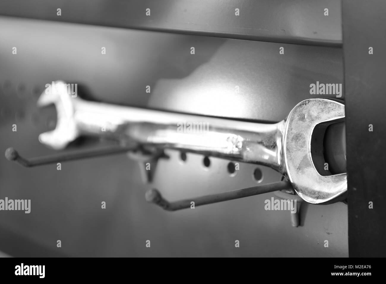 monochrome photo of shining stainless steel machine tools Stock Photo