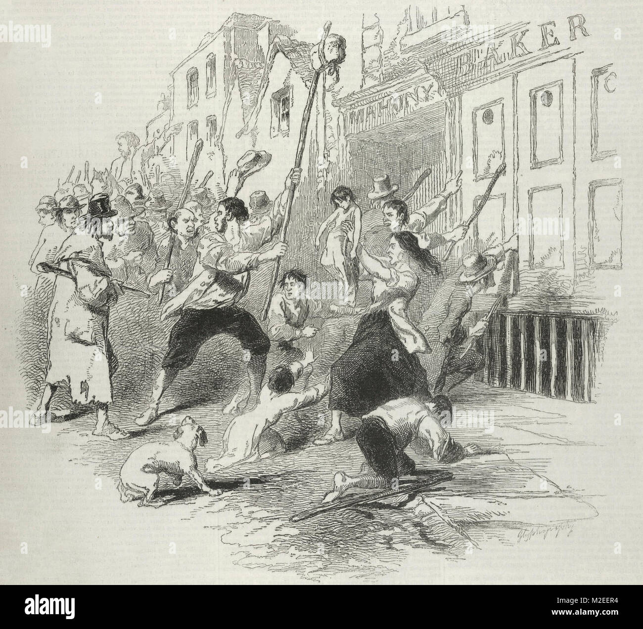 A food riot in Dungarvan, Co. Waterford, Ireland, during the famine. October 10, 1846 Stock Photo