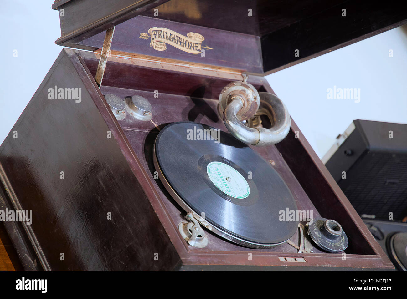 1877, Phonograph was invented for recording and reproduction of sound. Later on in 1940 it is called gramophone, record player. Stock Photo