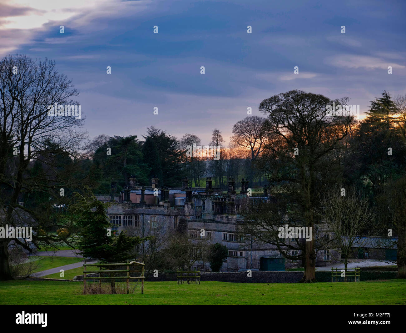 Peak District National Park, Derbyshire. 7th Feb, 2018. UK Weather: Wonderful sunset over Tissington Hall in Tissington Village in the Peak District National Park, Derbyshire, England, UK Credit: Doug Blane/Alamy Live News Stock Photo