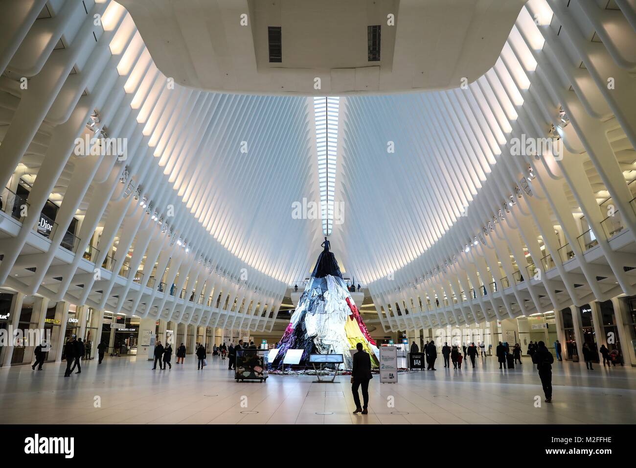 An artistic installation, Stain-Less, Waste-Less, can be seen at The Oculus World Trade Center in Manhattan in New York City on Wednesday, 07. The work calls attention to inform that 10.5 million tons of clothes are discarded every year, and three out of four people are not donating clothes because they are torn or stained. (PHOTO: WILLIAM VOLCOV/BRAZIL PHOTO PRESS) Stock Photo