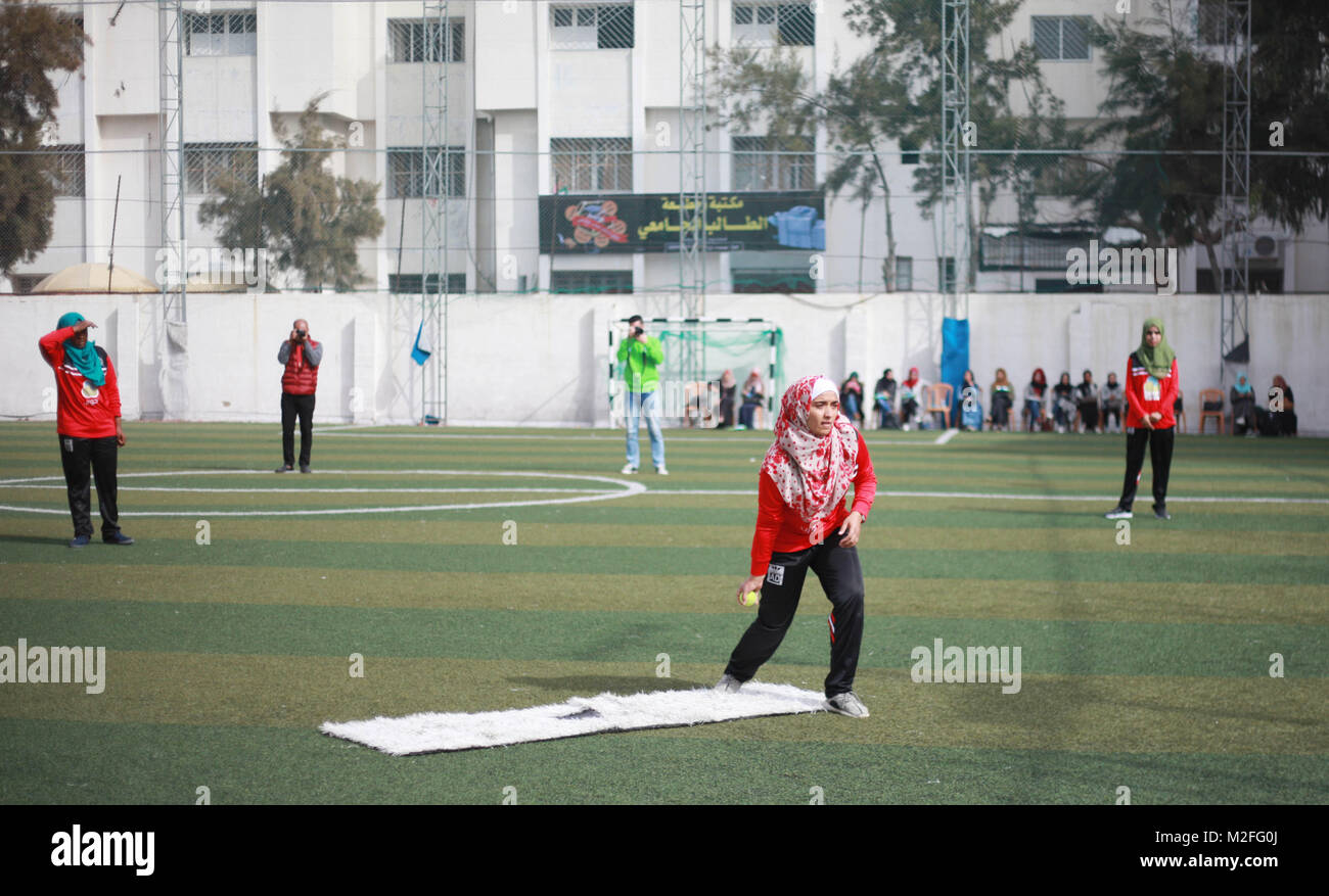 Gaza City, Gaza Strip, Palestinian Territory. 7th Feb, 2018. Palestinian girls take part during the final women's softball game in Gaza city on February 7, 2018 Credit: Mahmoud Ajour/APA Images/ZUMA Wire/Alamy Live News Stock Photo