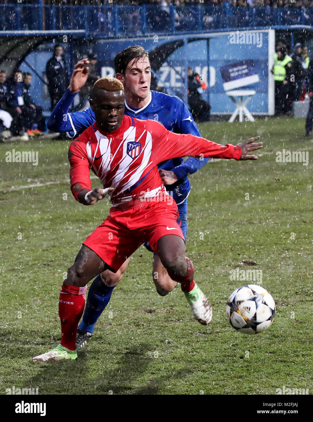 Sarajevo, Bosnia and Herzegovina. 7th Feb, 2018. Salomon Obama (front) of  Atletico de Madrid competes during the UEFA Youth League 2017-2018 Round 2  football match between FK Zeljeznicar of Bosnia and Herzegovina