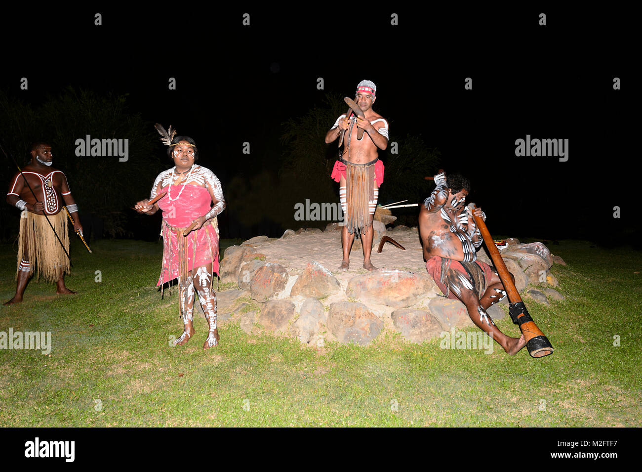 Aboriginal performers at Tjapukai Aborignal Cultural Park, Smithfield, Cairns, Far North Queensland, FNQ, QLD, Australia Stock Photo