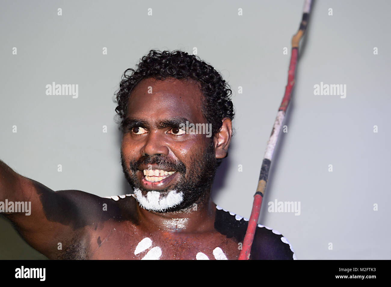 Portrait of an Aboriginal man performing at Tjapukai Aborignal Cultural Park, Smithfield, Cairns, Far North Queensland, FNQ, QLD, Australia Stock Photo