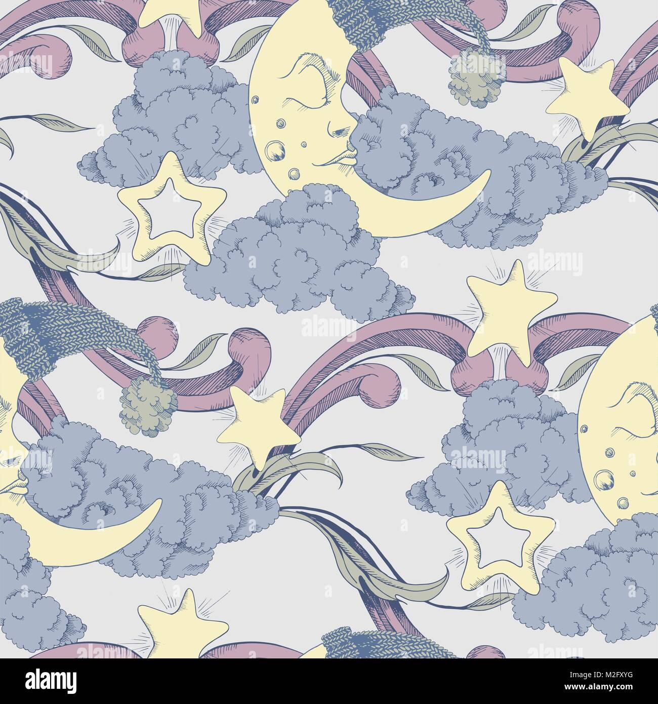 Clouds, stars and crescent vector seamless pattern Stock Vector Image ...