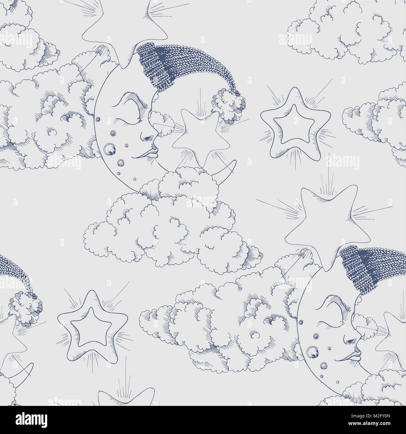 Clouds, stars and crescent vector seamless pattern Stock Vector Image ...