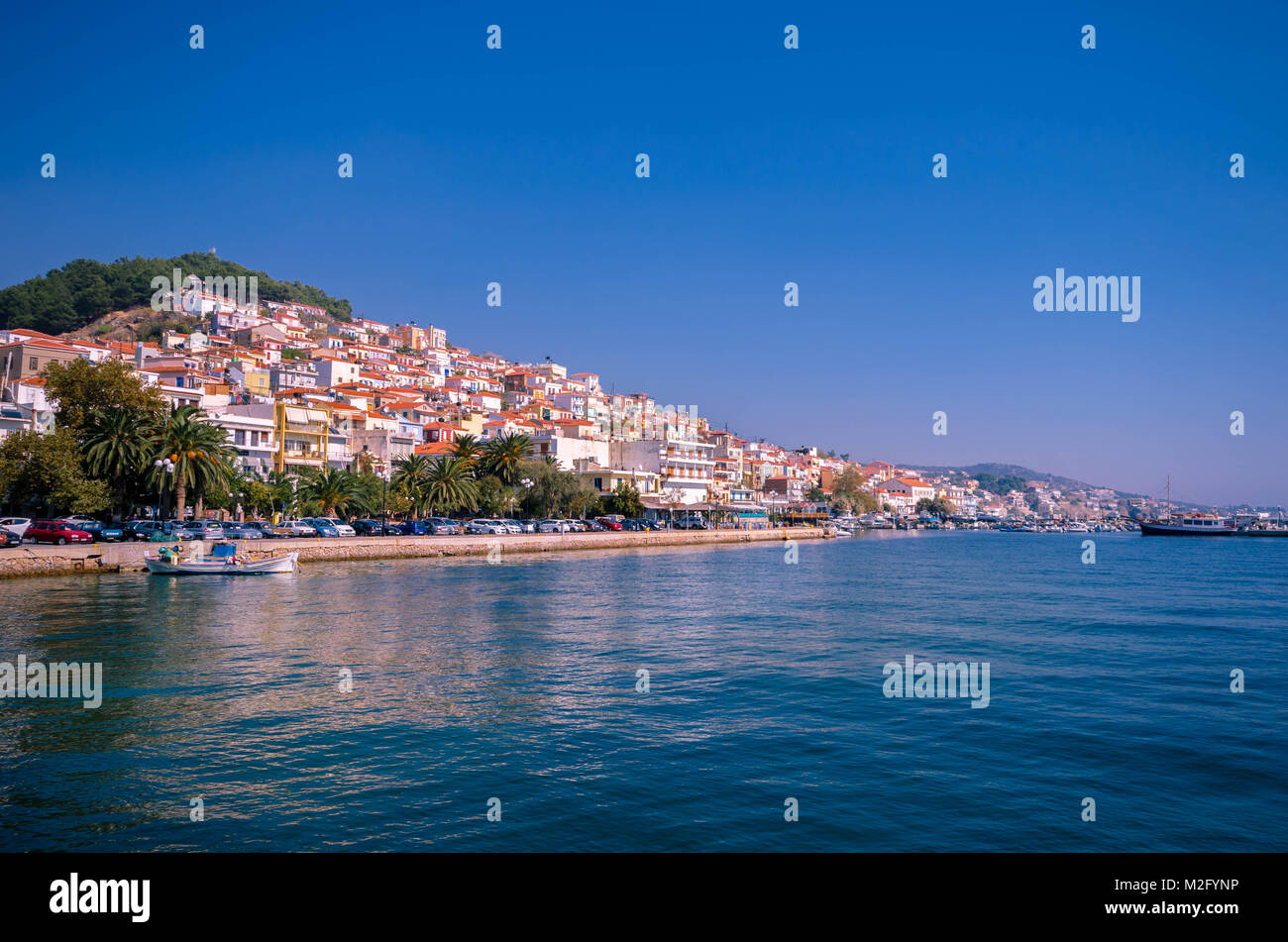 Plomari Lesvos October 22 2017-The picturesque fish village of Plomari, known  as the place that the famous ouzo the is produced. Lesvos Greece Stock Photo