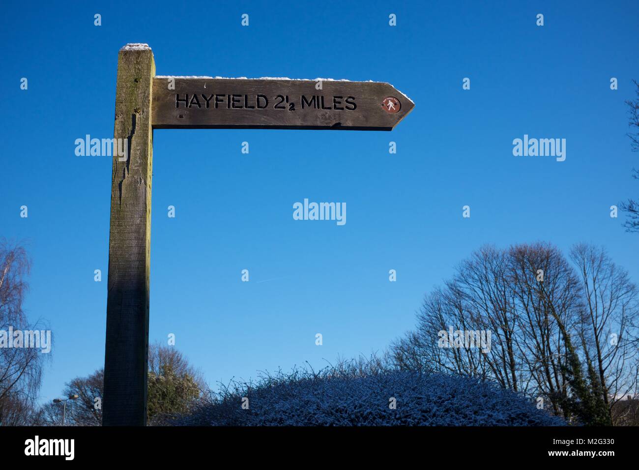 A signpost in the centre of New Mills showing the direction of Hayfield