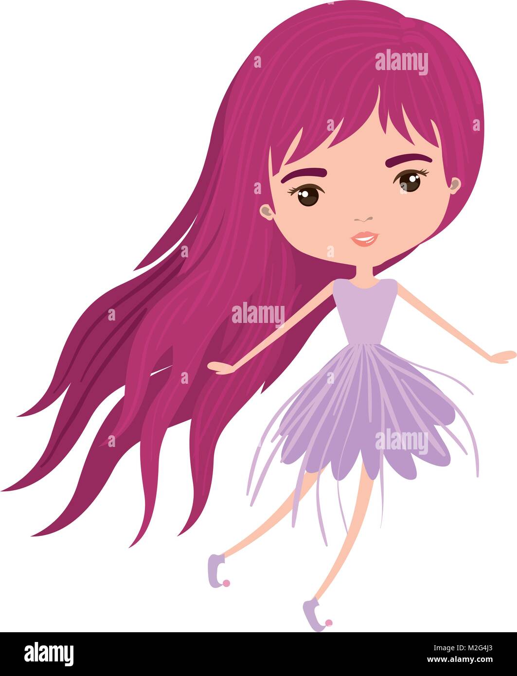 girly fairy without wings and magenta long hair in violet dress in