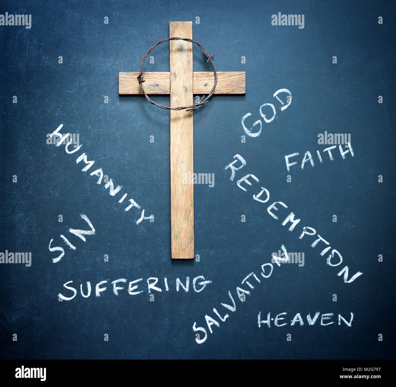 Easter cross and words on blackboard abstract religion concept Stock Photo