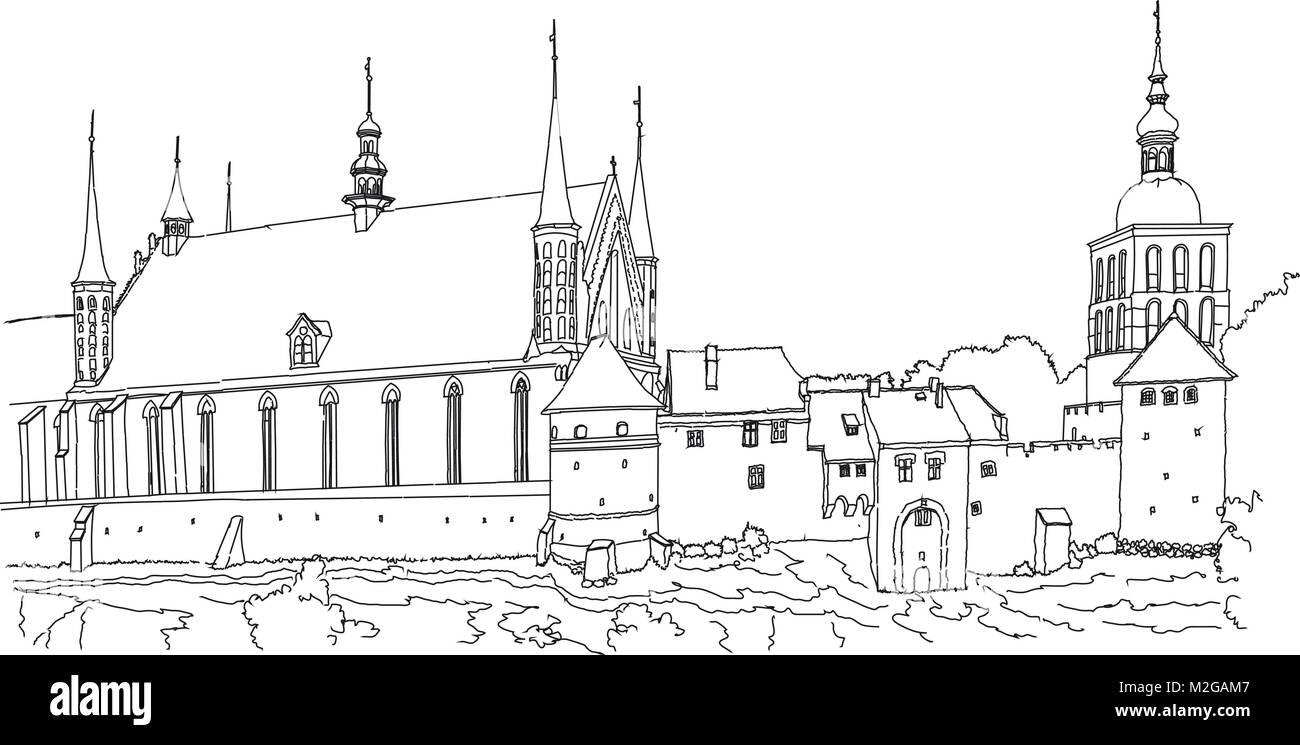 An old fortress on the shore of the Baltic Sea. Frombork. Gothic brick towers, walls, houses and cathedral. Northern Poland. Sketch. Vector. Stock Vector