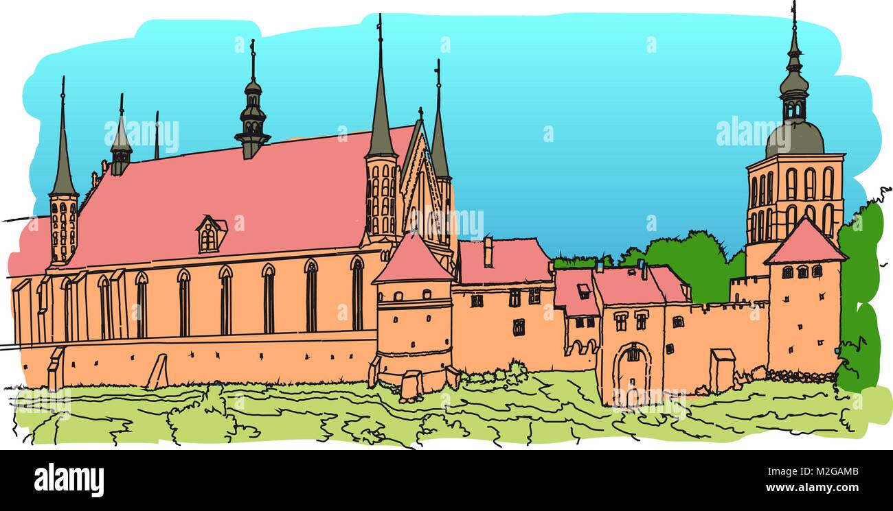 An old fortress on the shore of the Baltic Sea. Frombork. Gothic brick towers, walls, houses and cathedral. Northern Poland. Color sketch. Vector. Stock Vector