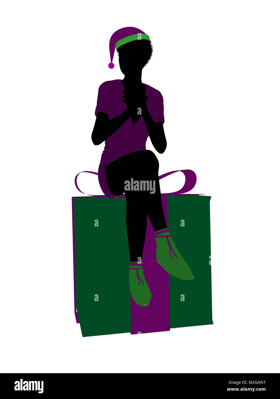 African american christmas elf sitting on a gift box illustration