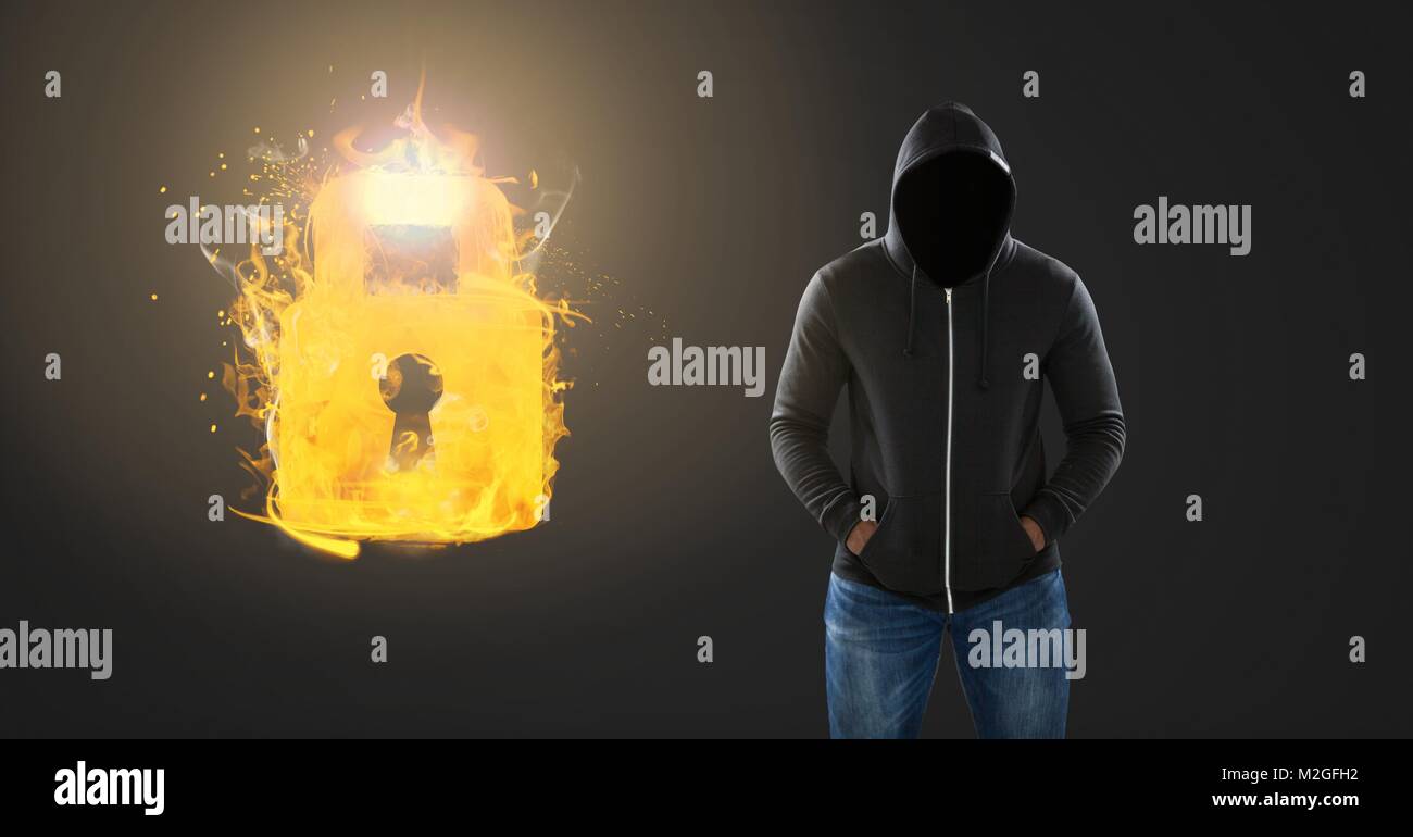 Dark Man with no face and burning flame lock glowing Stock Photo
