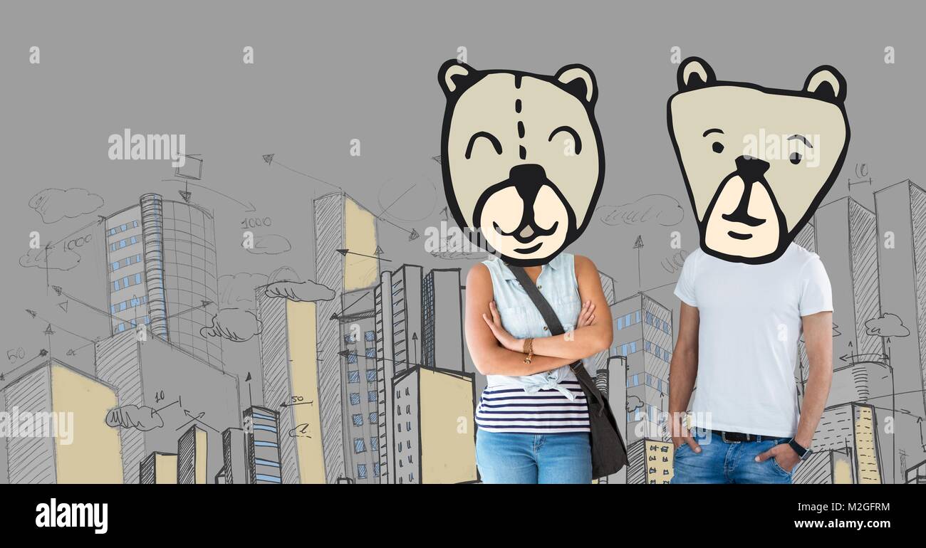 Couple with bear animal head faces in city Stock Photo