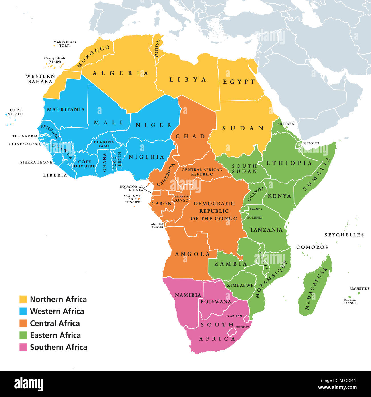 Africa regions political map with single countries. United Nations geoscheme. Northern, Western, Central, Eastern and Southern Africa. Stock Photo